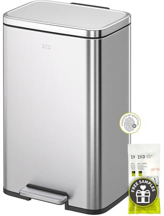 EKO Madison - Cubo de basura de acero inoxidable cepillado de 25 L + 20 L con doble compartimento con forro interior, cubo de reciclaje, tapa de cierre suave, acabado resistente a las huellas