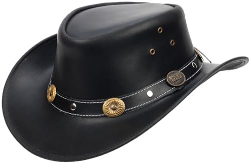 Shadow Peak Lederhut – Handgefertigter Westernhut im Outback-Look, wasserabweisend & langlebig, perfekter Begleiter für Abenteuer, Festivals & Reisen (DE/NL/SE/PL, Alphanumerisch, S, Schwarz)