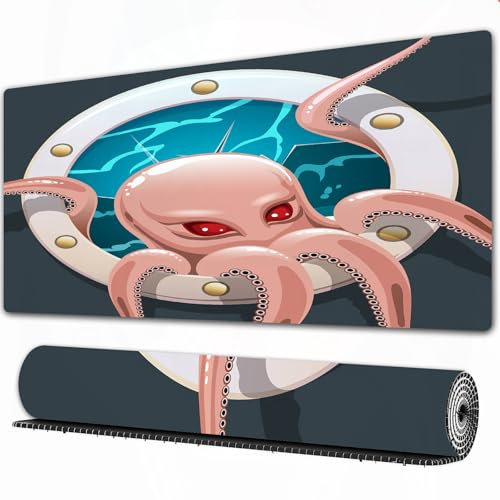 FEHWI Grand Tapis de Souris de Jeu avec Bords surpiqués et Dos antidérapant,sous-Main pour Clavier et Souris,Décor de Poulpe, Poulpe Kraken avec tentacules dans Le hublot du Navire, illustra,90×40 cm