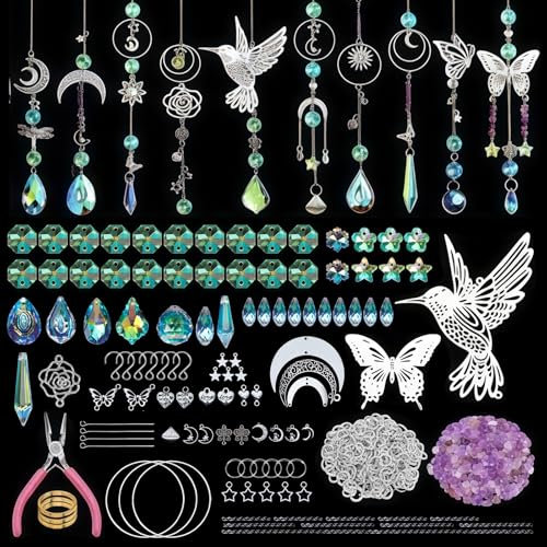LEKEFETO 400 Stück Sonnenfänger Kristall Bastelset: Kristall Anhänger Bastelset, DIY Sonnenfänger Fenster Deko, Sonnenfänger Kristal Windspiel mit Silber Kolibri Hängedekoration, für Garten, Fenster