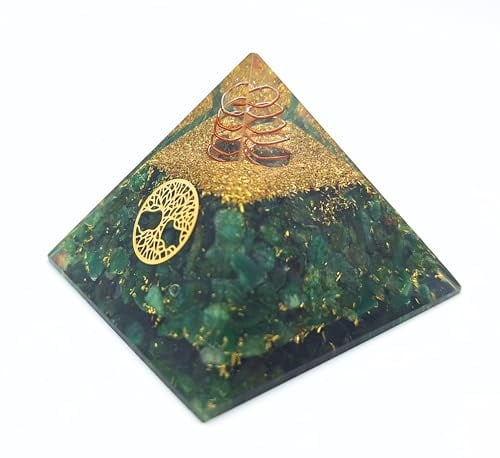Pyramide d'orgonite avec de véritables pierres précieuses - Harmonisation énergétique avec pierres de guérison - Spirale en cuivre - Arbre de vie - Protection énergétique - Harmonie (aventurine verte