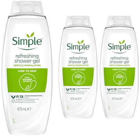 Simple Kind to Skin Refreshing Shower Gel, Pack of 3, Body Wash with Cucumber Extracts and Pro-Vitamin B5 Dermatologically Tested for Sensitive Skin, 675 ml