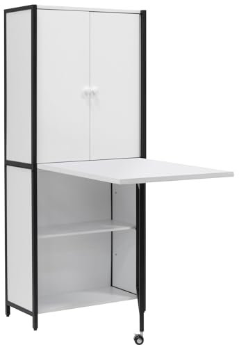 Craft/Sewing Armoire. White Storage Cabinet with Black Frame & Legs,Table with swing out leg,Multipurpose: Quilting/Craft Table/Computer Desk/Kitchen Table