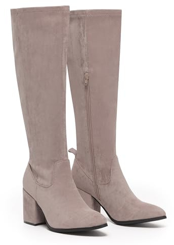 VIVASHOES Women’s Knee High Heeled Boots – Faux Suede Long Boots with Chunky Heel & Side and Pull On Tab – Stylish Tall Winter Booties for Autumn & Winter Outfits