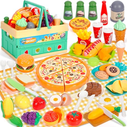 TEBOKHAD Accesorios Cocina Juguetes, Juego De rol Cocina Juguete, Cocinita Infantil con Comida, Cubiertos Cesta Picnic, Frutas Y Verduras Juguete, Regalo Niño Niña Juegos Educativos Niños 3 +años