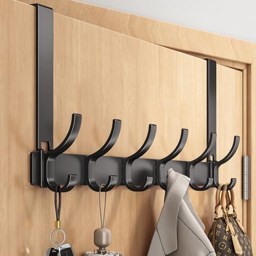 CeruleTree Heavy Duty Over Door Hook, Aluminum Rust-Proof Over Door Hanger with 6 Hooks for Coats, Towels, Keys and Bag Storage, No Drilling, Space Saving for Bathroom, Bedroom, Wardrobe (Black)