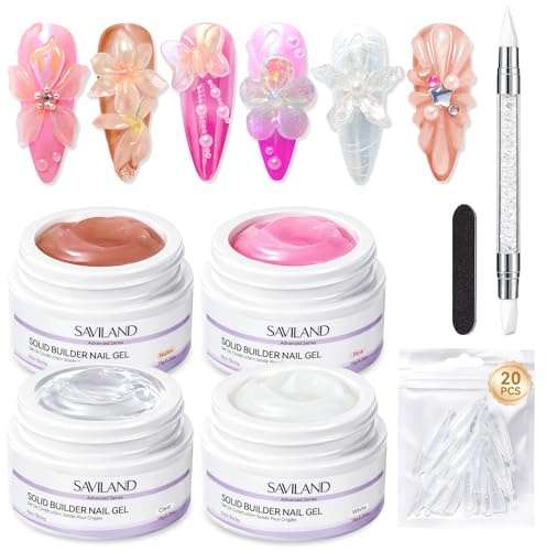 SAVILAND Solid Builder Gels Set: Non-Sticky 4 Color Clear Nude White Pink 3D Nail Gel for Nail Extension Reinforcement Long-lasting 3D Nail Gels Sculpting Gel for NailArt Starter Kit DIY Home