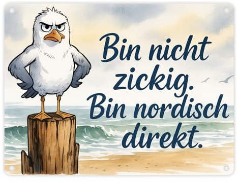 Möwe am Strand Metallschild in 15x20 cm mit nordischem Humor lustiges Blechschild ideales Nordsee-Geschenk