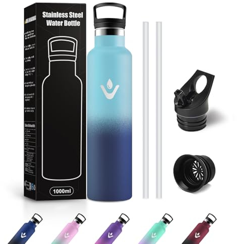 JAPORIA Borraccia Acciaio Inox 1L, Bottiglia Termiche con Cannuccia, Riutilizzabile, a Prova di Perdite, senza BPA, Termos per Gimnasio, Campeggio