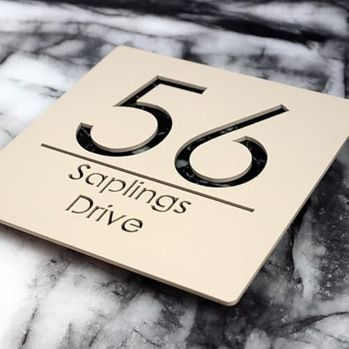 Mr Plaques Bellissima S1 F31 Floating House Sign Personalised Acrylic Door Plaque Square Address Sign Custom Name Number Modern Outdoor House Plate with Fixing Kit (Matt Cream & Black Marble)