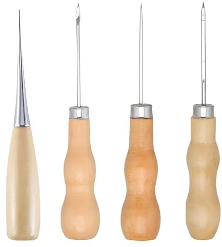 PHYNDR 4 Stück Ahle Werkzeug Leder, Vorstecher mit Holzgriff Ahle Werkzeug zum Nähen Ledernadel Holzgriff Locher, für Hausreparatur Holzarbeiten Schneiderarbeiten Lederarbeiten Punching DIY Tool