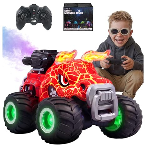 BEZGAR Monster Truck Toys, 1:18 Remote Control Monster Truck, Red | with Water Spray & Dancing Spins, 4WD RC Truck for Boys, RC Cars with 2 Batteries, Toys for 6+ Year Old Boys
