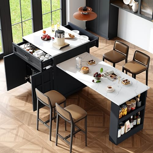 BTM Modern Kitchen Island Table with Storage Cabinet for 4-6 People Extendable Dining Breakfast Bar Table with Drawers, Shelves Black
