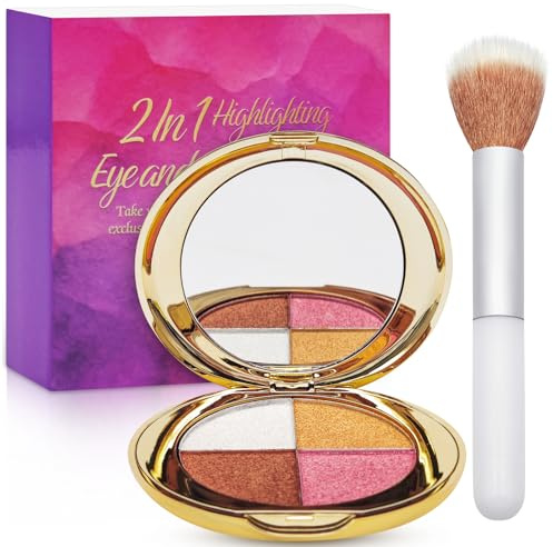4-in-1 Multifunktionaler Highlighter Lidschatten & Rouge Palette, Make Up Palette, Blush & Bronzer Palette, Multifunktionales Kontur Set für das Gesicht, mit integriertem Spiegel, Pinsel