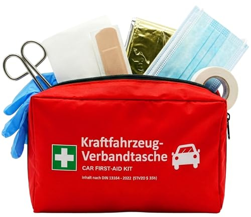 Floordirekt Trousse de premiers secours pour voiture avec 2 masques – Trousse de premiers secours selon la norme DIN 13164 – Valable dans toute l'Europe – Kit de premiers secours pour voiture et moto