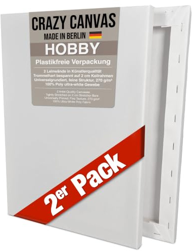 CRAZY CANVAS Leinwand zum Bemalen HOBBY 70x100 cm, 2er Pack | Universal grundierte Leinwand auf Keilrahmen - feine Struktur, 270 g/m² - Premium Kunstbedarf Made in Berlin