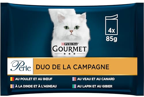 GOURMET | PERLE | Duo de la Campagne | Chat Adulte | Poulet et Bœuf, Veau et Canard, Lapin et Gibier, Dinde et Agneau| Sachets Fraîcheur | Lot de 12 x (4 x 85 g)