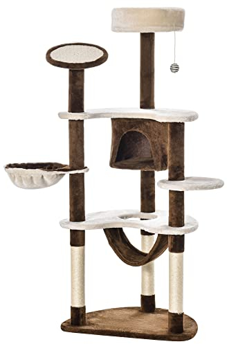 PawHut Árbol Rascador para Gatos Grande 65x50x153 cm Torre para Gatos Centro de Actividades con Múltiples Plataforma Poste Hamaca Bolas de Juguete y Cueva Marrón