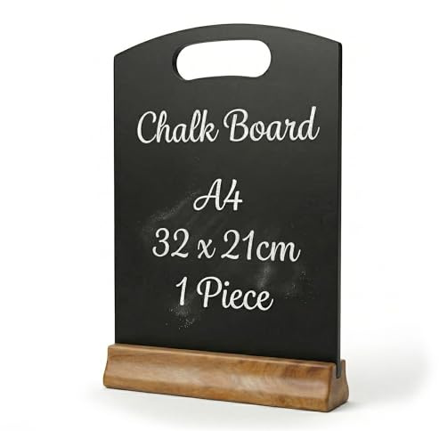 Chabrias Ltd A4 Chalkboard Table Sign with Wooden Stand - 32x21cm – Reusable Easy Wipe Chalkboard Sign, Menu Display, Wedding Table Numbers, Reserved Signs for Restaurants, Cafés & Events (1 x A4)