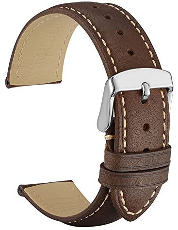 WOCCI 22mm Vintage Leder Uhrenarmband mit Edelstahl Silber Schließe (Dunkelbraun mit Beige Nähten)