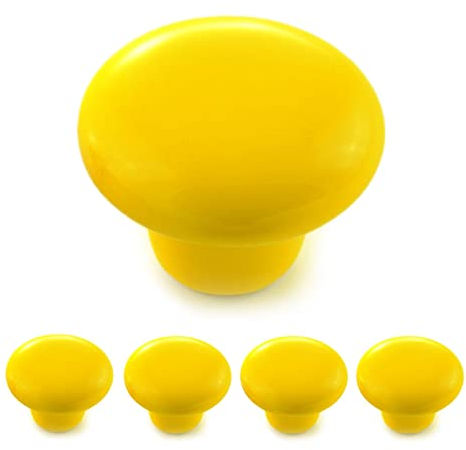 Ganzoo 4x Poignée-bouton rond en porcelaine/céramique, bouton de meuble, couleur: jaune