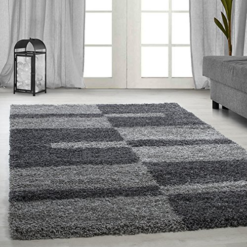 Carpetsale24 Hochflor Teppich Läufer 60x110 cm Grau – Weiche Shaggy Matte im Karierten Design – Flokati für Flur, Eingangsbereich oder neben dem Bett – Pflegeleicht & dekorativ