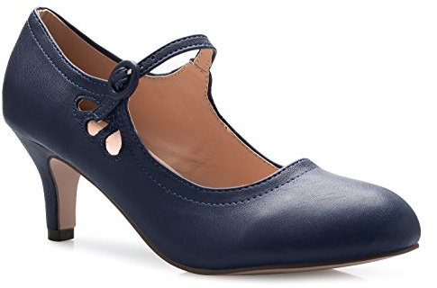 Olivia K Women's Kitten Low Heels Round Toe Mary Jane Pumps - Adorable Vintage Retro Shoes- Unique Side Cut Out Design, Blue Navy Pu, 7 UK