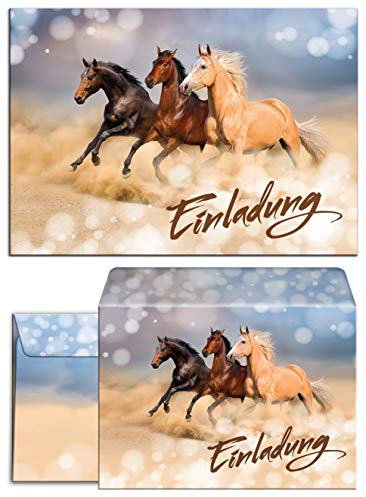 JuNa-Experten 12 Einladungskarten inkl. 12 Umschläge – Kindergeburtstag Mädchen, Pferde Design, Einladungen zum Geburtstag, Tiere, Geburtstagseinladungen