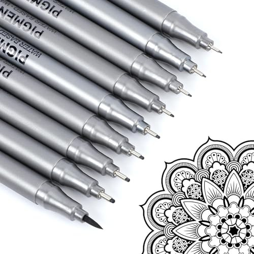 APOGO Fineliner Pens Black Pens, 9 Drawing Pens for Artists, Art Supplies, Fine Liner Pens Black Calligraphy Pens for Handwriting, Writing, Sketching, Manga