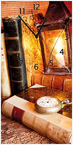 Wallario Design-Wanduhr Antike Laterne mit Kerze Alten Büchern und Taschenuhr aus Glas, Motiv-Uhr Größe 30 x 60 cm, Schwarze Zeiger