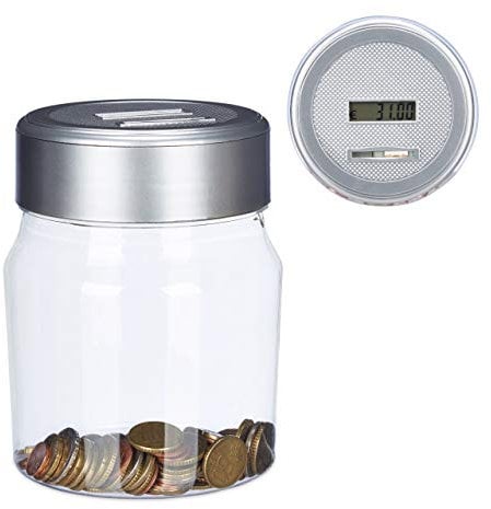 Relaxdays 5 x Spardose mit Zähler, zählendes Sparschwein m. Display, digitaler Münzzähler, Euro, Geschenk, 1,2l, transparent