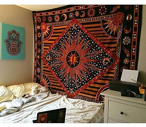 Popular Handicrafts Wandbehang Tapisserie für Schlafzimmer, Hippie, brennende Sonne und Mond, Meditation, Boho, Hippie, psychedelisches Design, indische Wandteppiche, Tagesdecke, 76 x 101 cm, Blau