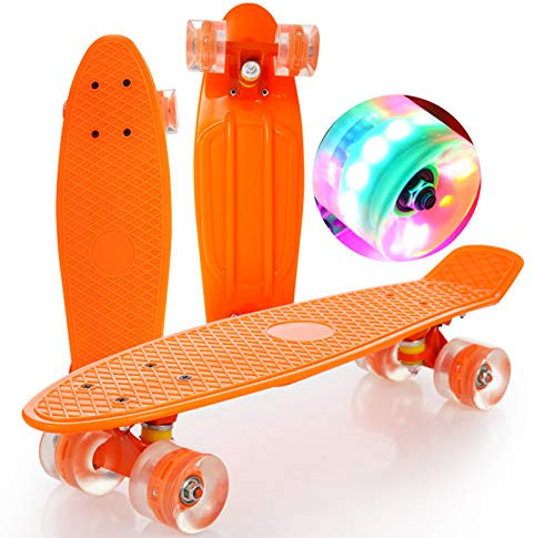 DFWYG Skateboard 56cm/ 22 Zoll Mini Cruiser mit LED Light Up Rädern, Kunststoff für Anfänger bis Erwachsene (inkl. All-In-One Skate T-Tool), Orange