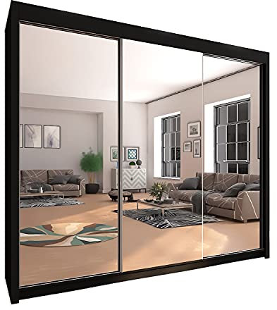 INTERWOOD Modern Full Mirror 2&3 Sliding Doors Wardrobe With Adjustable Shelves, Hanging Rails, Bedroom Furniture (Black 250cm)