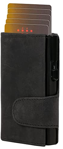 ClickSafe® Kreditkartenetui mit Münzfach und Geldscheinfach aus schwarzem Hunterleder mit schwarzem Aluminium Tresor und RFID Schutz (Kartenetui, Kartenhalter, Slim Wallet)