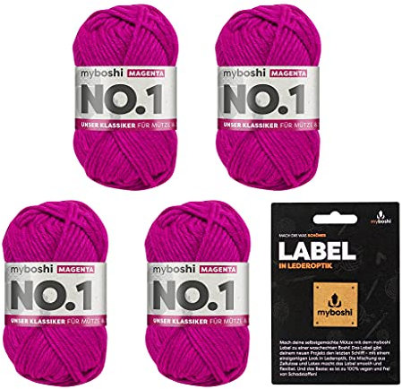 myboshi No.1 Wolle zum Häkeln und Stricken, Schnellstrickgarn, inkl. Label, Strickwolle, Häkelwolle, mulesing-frei, Ll. 55m /50g, 30% Wolle (Merinowolle) Rosa (Magenta), 4 Knäuel