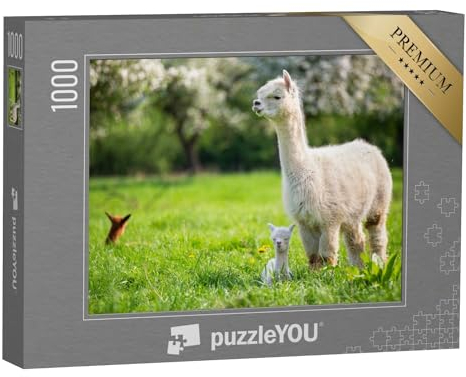 puzzleYOU: Puzzle 1000 Teile „Weißes Alpaka mit Nachkommen, südamerikanisches Säugetier“ – aus der Puzzle-Kollektion Alpakas, Exotische Tiere & Trend-Tiere
