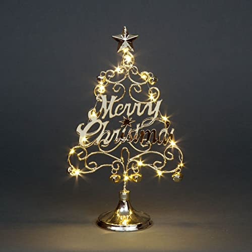 SHATCHI Pre-Lit Table Top Golden/Silver Tree Cool Bells Star Festive Xmas Holiday Home Office Novelty Decorations, Metal, Gold W/Warm White LEDs, 17.5 Inch Merry Christmas