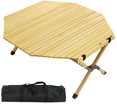 Klzzuk Camping-Klapptisch, Achteck-Schreibtisch aus Buche, Zusammenklappbarer Massivholz-Rolltisch für den Außenbereich mit Tragetasche für Strand, Grill, Terrasse, Garten, Camping, Reisen