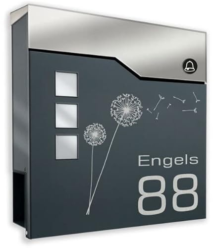 Design-Briefkasten aus pulverbeschichtetem Stahl ANTHRAZIT RAL 7016 mit FUNKKLINGEL und Beschriftung (mit Zeitungsrolle und 3 Sichtfeldern)