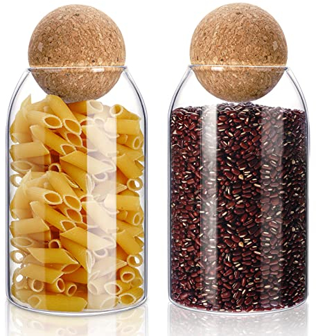 2 Piece Cork Glass Jars with Cork Lid Storage Jar Container with Ball Round Bottles Canisters with Airtight Seal Wooden Lid(800 ML)