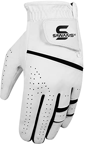 SAWANS Golfhandschuh Herren, langlebig, Premium-Leder, für Linke und rechte Hand, Allwetter-Griff, Golfhandschuhe, rutschfest, flexibel, Golfen (Weiß, M, Links)
