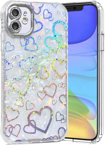 Abbery für iPhone 11 Hülle Durchsichtig mit Motiv Reflektieren Herzen Glitzer Holografisch Bunt Herz Muster Transparent Case für Frauen Mädchen Stoßfeste Schutzhülle Handyhülle für iPhone 11