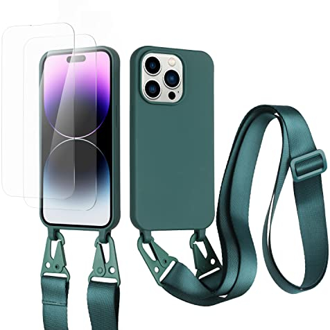 vrupin kompatibel mit iPhone 14 Pro Max Handykette Hülle,[2 Stück Schutzfolie 9H Härte Gehärtete Folie].Necklace Hülle Nylon Schultergurt Weich Flüssiges Silikon-Dunkelgrün