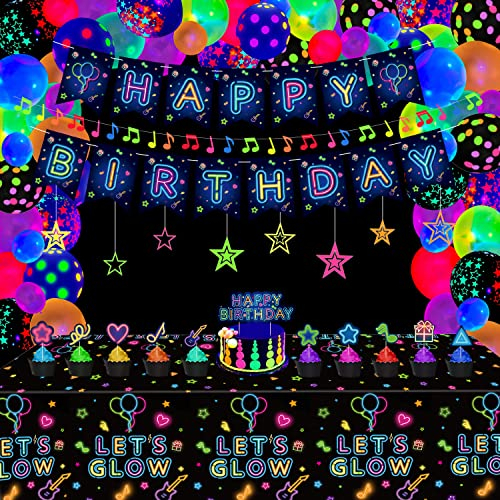 65 PCS Glow Party Supplies Set Glühen in der dunklen Geburtstag Banner UV Schwarzlicht Reaktive Kuchen Topper wirbelt Neon Fluoreszierende Neon Sterne Musikalische Girlanden Neon Party Dekorationen…
