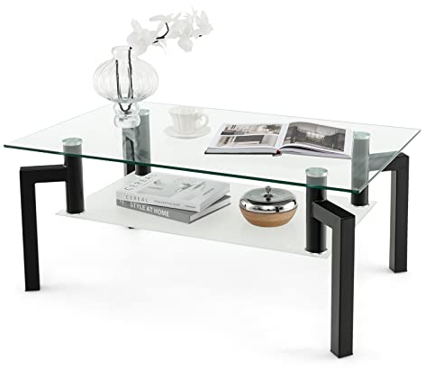 COSTWAY Table Basse Verre trempé, Table Basse Rectangulaire 2 Niveaux, Pieds en Fer, Design Noir, Table Basse Salon pour Salon, Salle, 100 x 60 x 43 cm