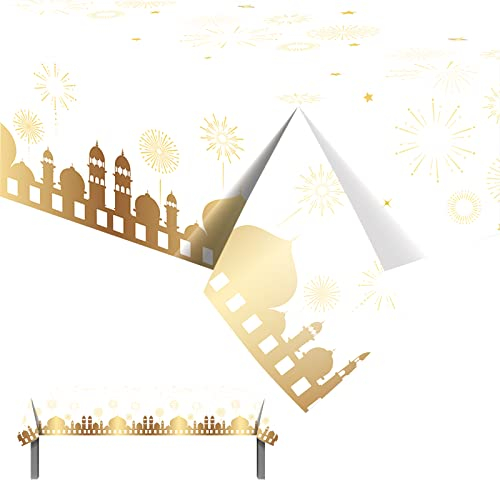 Weiss Eid Tischdecke Party,130x220cm Große Eid Ramadan Mubarak Dekorationen,Tischdecken Mond und Stern,Rechteckige Tischdecke,Kunststoff Tischdecke für Zuhause,Eid Mubarak,Islam,muslimische Party