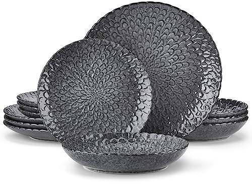 vancasso Dinner Sets, Grey Reactive Glaze Crockery Set, 12-Piece Ceramic Plates and Bowls Set with Dinner Plate, Dessert Plate and Pasta Bowl. Chrysanthemum Embossed, Service for 4