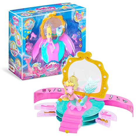 GALUPY Mermaid Beauty Salon - Faltbares Spielset mit 1x Einhorn Figur mit Meerjungfrauenflosse, Spiegel, Schubladen & Blumendrehstuhl