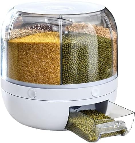 360° 6 Grid White Rotating Food Bucket - Transparent Rice Storage Container - Rotatable Dry Food Fruit Storage Box Tank for Home Kitchen